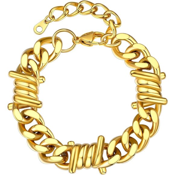 Gold Unisex Barbed Wire Bracelet Punk Gothic 7/9mm Cuban Stainless Steel Chain - Picture 1 of 9